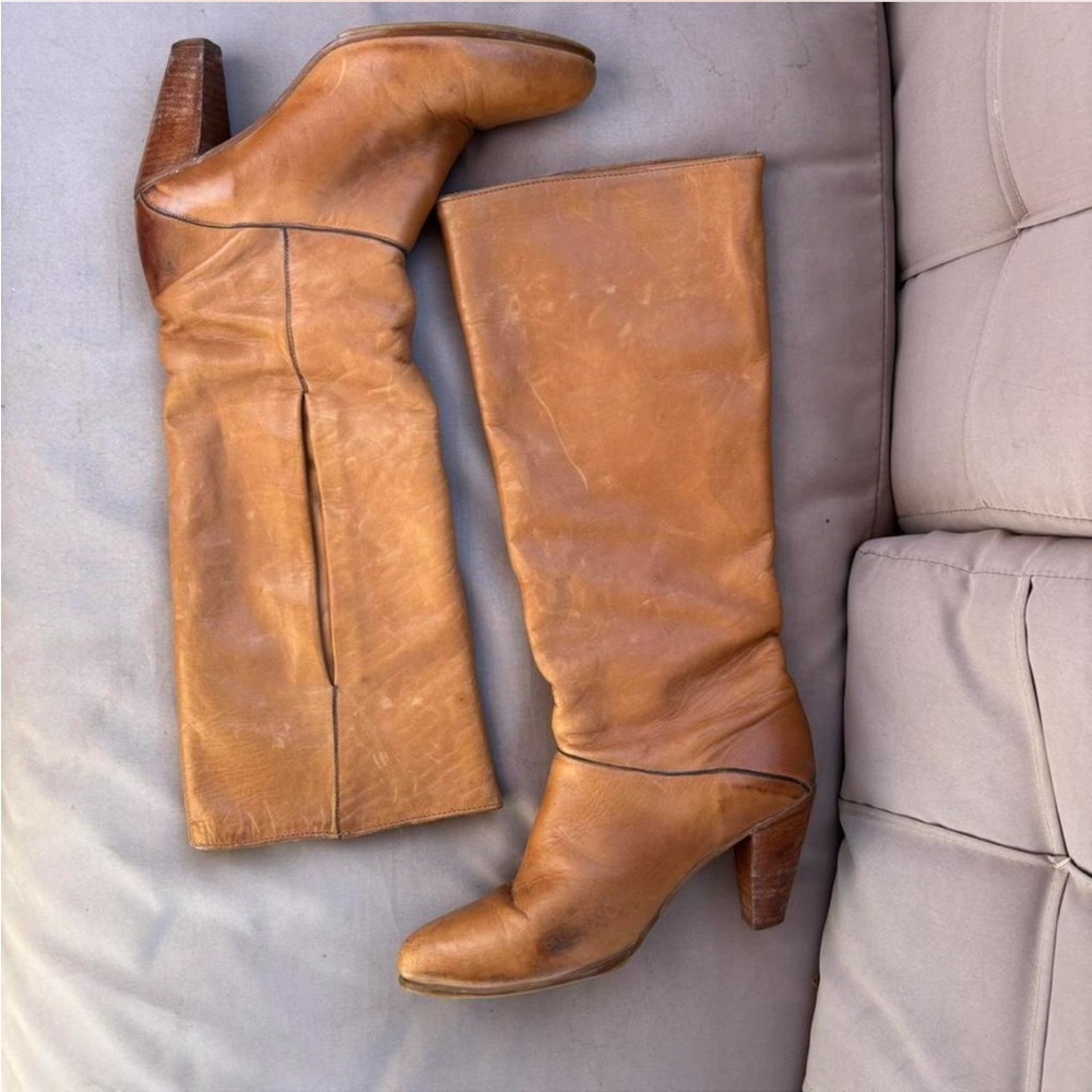 Frye Cognac Leather Over-The-Knee Heel Boots